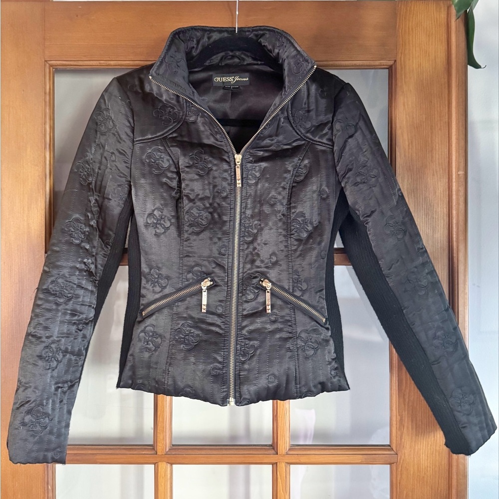Guess Women's Black Quilted Jacket with Knit Side Panels
